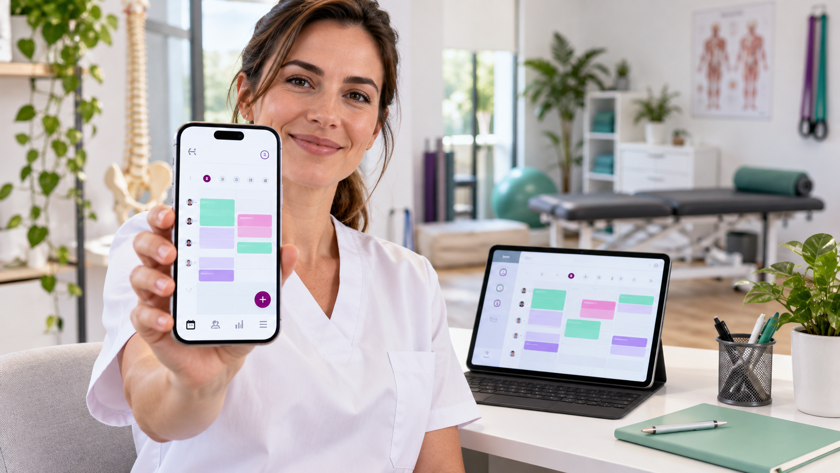 Fisioterapeuta consultando la agenda de AI.FISIO desde el móvil y la tablet