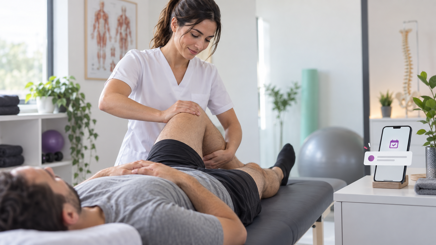 Fisioterapeuta trabajando con un paciente mientras AI.FISIO recibe reservas online sin llamadas