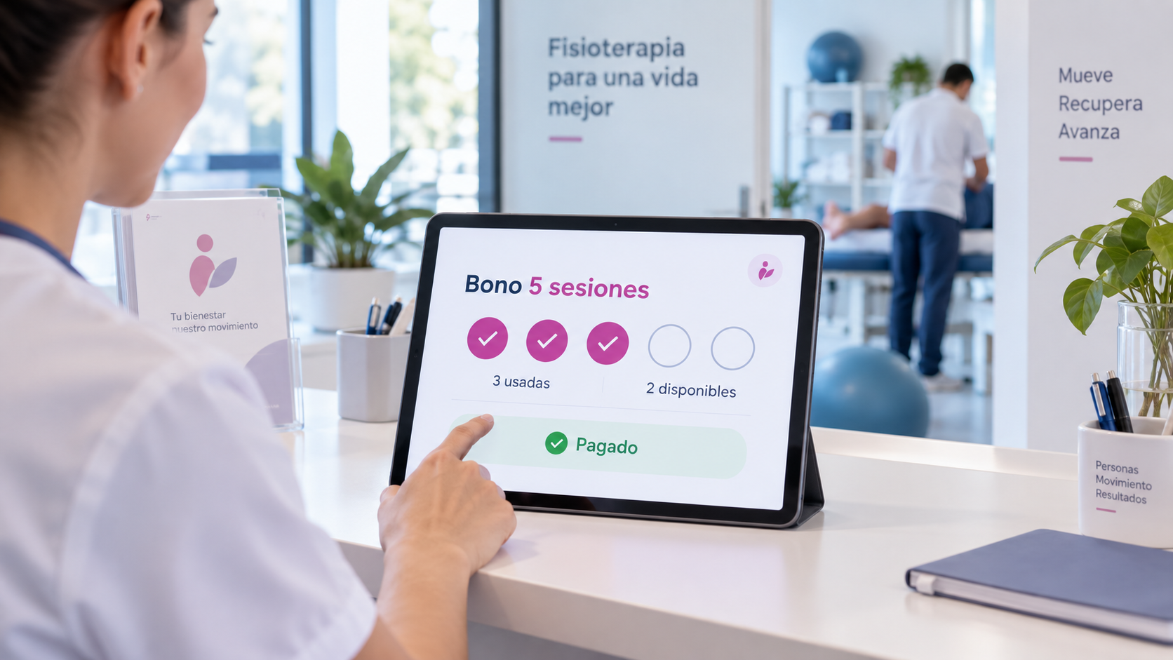 Gestión de bono de cinco sesiones de fisioterapia con sesiones utilizadas y disponibles