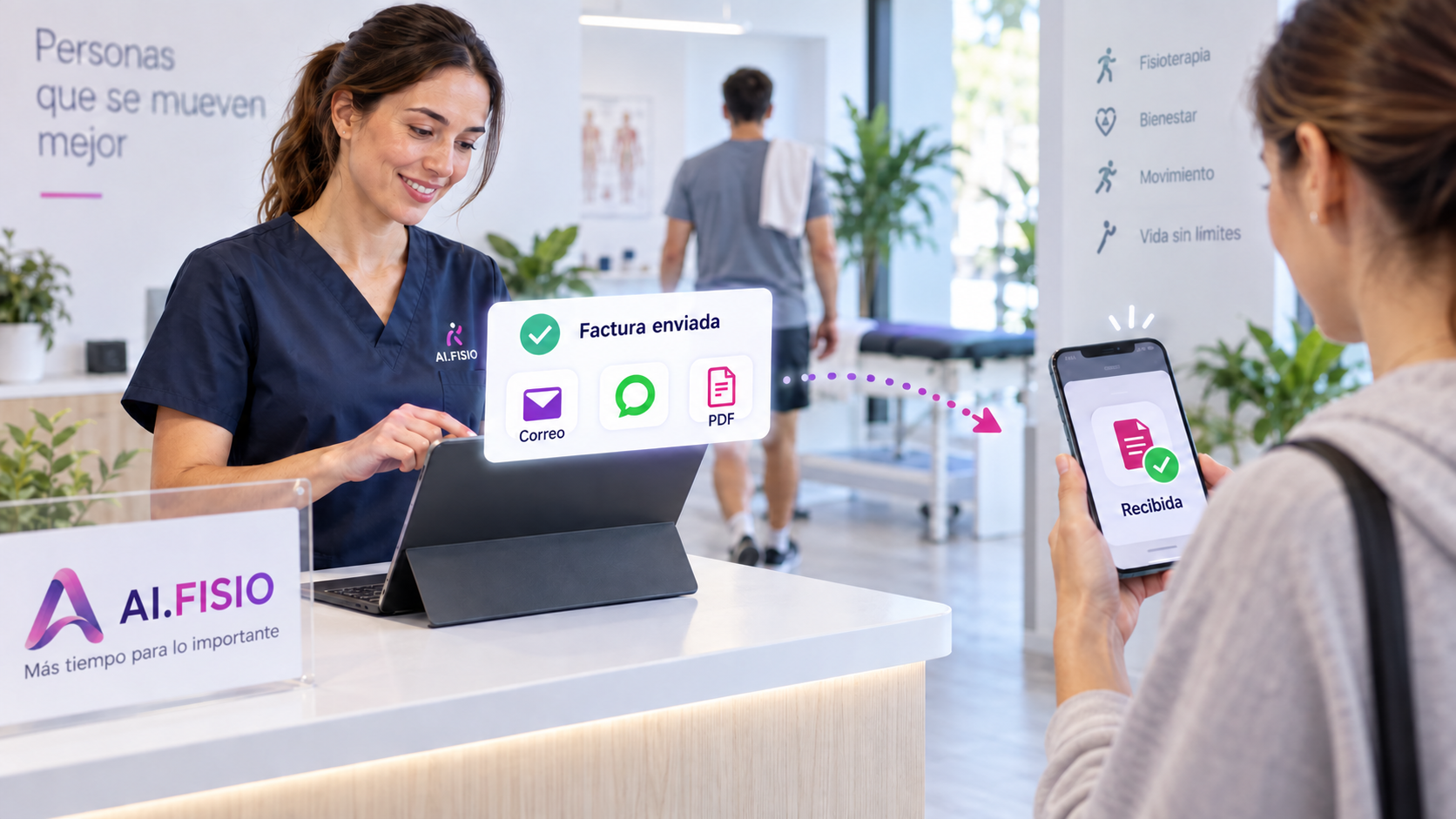 Factura enviada al paciente por correo, WhatsApp o PDF desde AI.FISIO antes de salir de la clínica